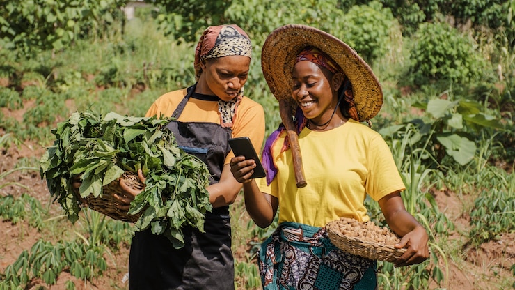 Women farmers sharing knowledge with phone and harvest baskets in a green field